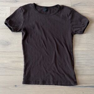 LESET Short Sleeve Pointelle Crew Tee in Dark Brown Size Small
